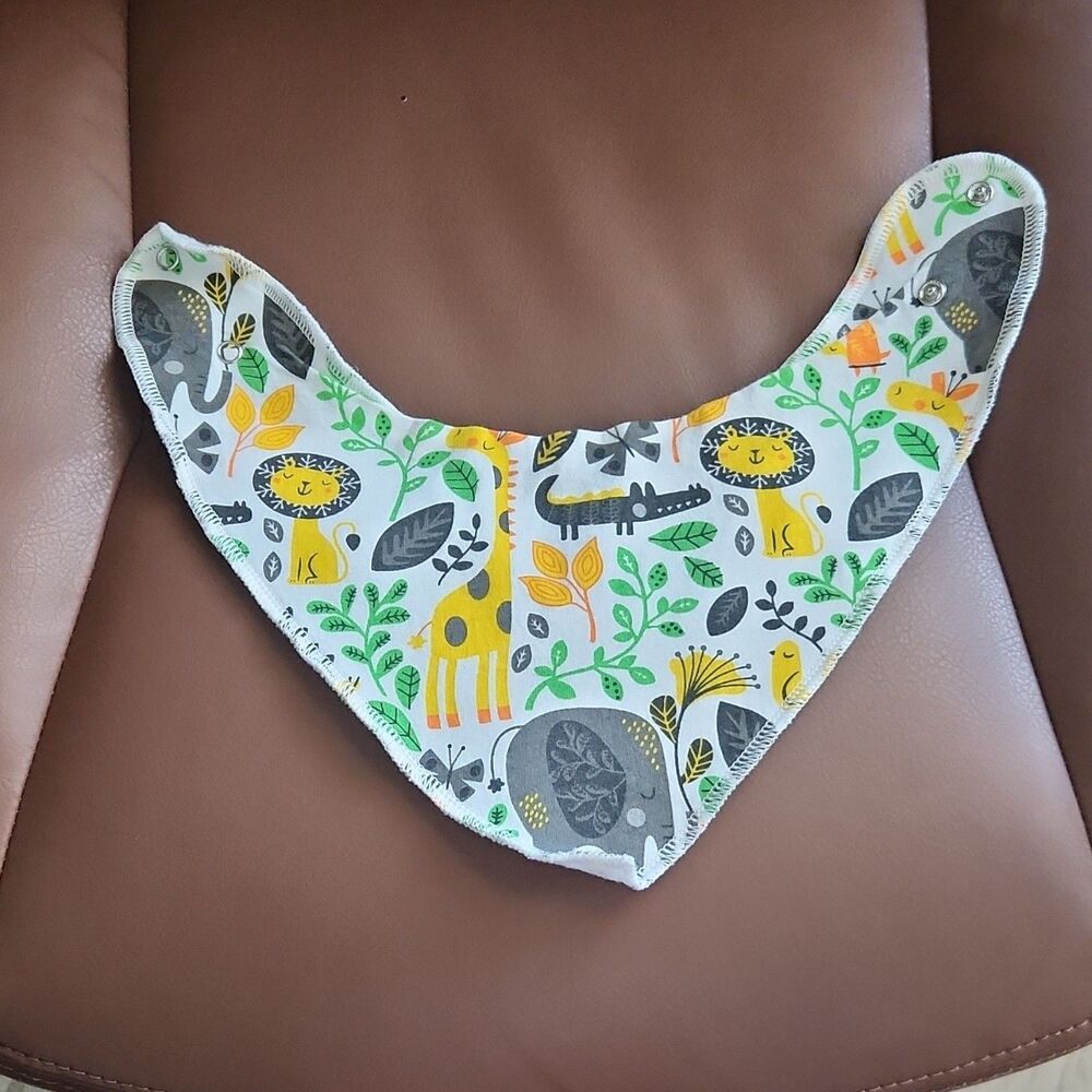 Safari Animal Print Baby Bandana Bib White Yellow Gray Green Snap Closure Cotton